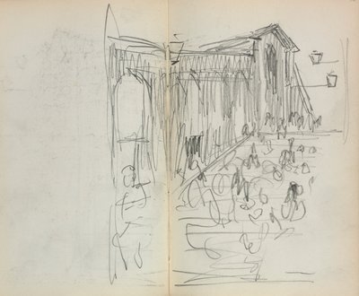 Cuaderno de bocetos italiano: Puente con figuras, página 95 y 96, 1898-1899 de Maurice Brazil Prendergast