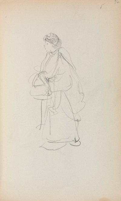 Cuaderno de bocetos italiano: Mujer de pie sosteniendo un bolso página 56, 1898-1899 de Maurice Brazil Prendergast