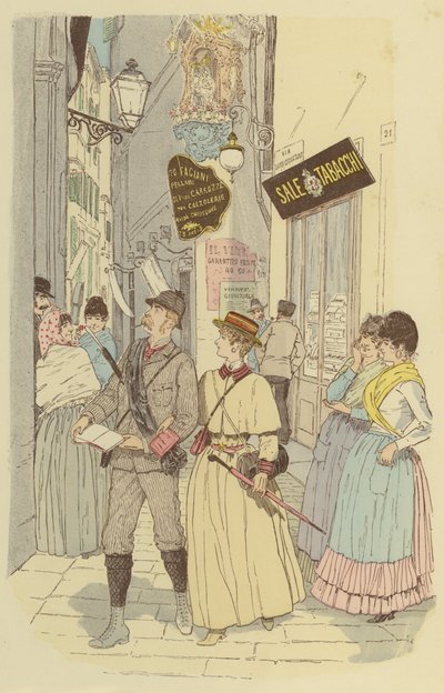 Un hombre y su esposa caminando por los callejones del casco antiguo de Génova (litografía en color) de Maurice Charles Mathieu Bonvoisin