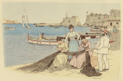 Un hombre charlando con un grupo de mujeres remendando redes de pesca en la ciudad de Villefranche, Francia (litografía en color) de Maurice Charles Mathieu Bonvoisin