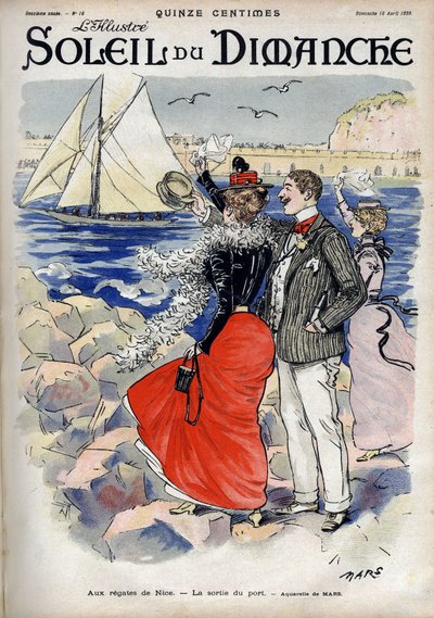 En la regata de Niza, la salida del puerto. De una acuarela de Mars. Grabado en 
