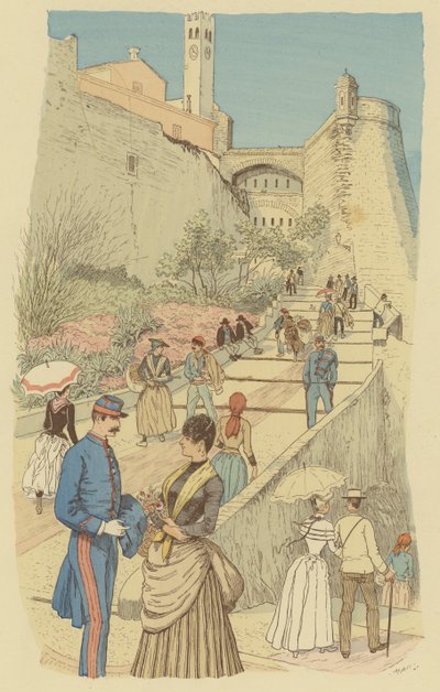Gente Caminando en la Gran Escalera del Palacio Real, Mónaco de Maurice Charles Mathieu Bonvoisin