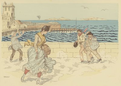 El Mistral haciendo un día ventoso en el Paseo de la Corniche, Marsella, Francia (litografía en color) de Maurice Charles Mathieu Bonvoisin