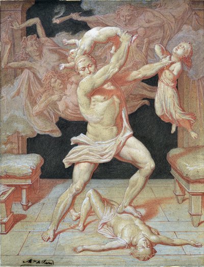 Hércules enloquecido por Hera masacra a sus hijos (dibujo) de Maurice De Vaines