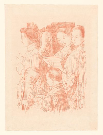 Tres ángeles cantores y dos escolanos durante la Santa Misa
Fragmento de una decoración de iglesia de Maurice Denis