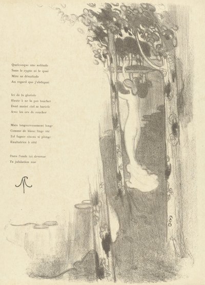 Ilustración con una mujer desnuda de pie entre árboles junto a un lago para acompañar el poema Petit Air de Stéphane Mallarmé
Ilustración del soneto Petit Air de Stéphane Mallarmé
L