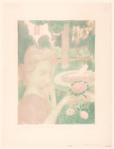 Una joven recibe un ramo de flores en un jardín
Le bouquet matinal, les larmes... (título en el objeto)
Representaciones del amor (título de la serie)
Amour (título de la serie) de Maurice Denis