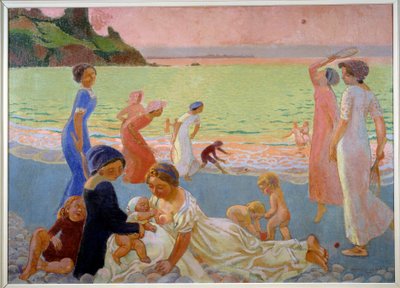 Tarde de septiembre. Mujeres jóvenes y niños en la playa al final del día, madre amamantando, otros jugando a las raquetas de Maurice Denis