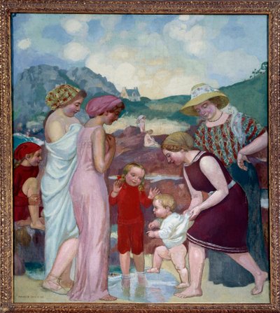 Los primeros pasos. Un niño pequeño da sus primeros pasos frente a su madre y familia de Maurice Denis