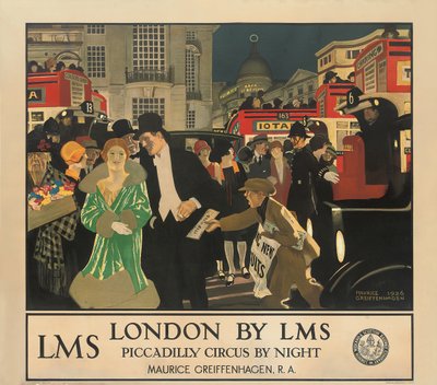 Londres por LMS, Piccadilly Circus de Noche de Maurice Greiffenhagen