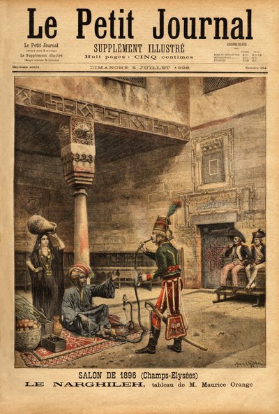 Durante la campaña francesa en Egipto, un soldado interroga a un indígena sobre su pipa de agua, el narguile (o narguile), basado en una pintura de Maurice Orange, presentada en el Salón de 1896. Grabado en "Le petit journal" 5/07/1896. Colección Selva. de Maurice Henri (after) Orange