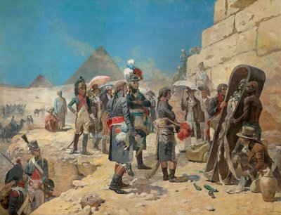 Napoleón Bonaparte frente a las pirámides contemplando la momia de un rey en el campo de Egipto de Maurice Henri Orange