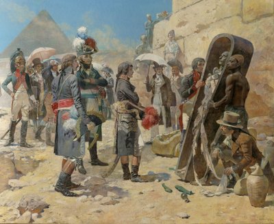 Napoleón Bonaparte frente a las pirámides contemplando la momia de un rey en el campo de Egipto de Maurice Henri Orange
