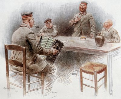 Prisioneros tocando el acordeón y cantando en el campo de prisioneros de Dinan de Maurice Henri Orange