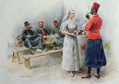 La enfermera favorita con zuavos y soldados durante la Primera Guerra Mundial, 1915 de Maurice Henri Orange
