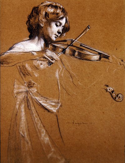 Joven tocando un violín con los pechos desnudos de Maurice Langaskens