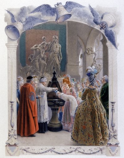 Escena noble de bautismo del siglo XVIII, c.1900 (ilustración) de Maurice Leloir