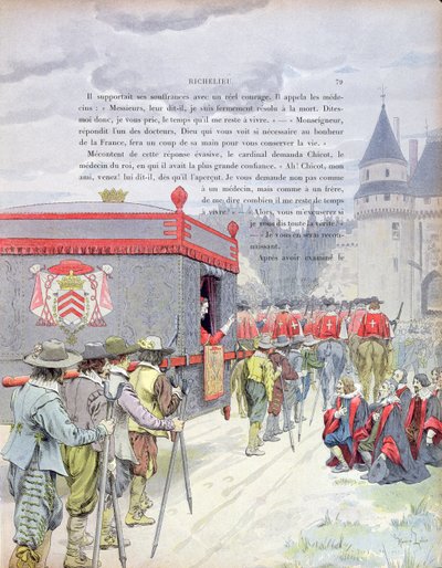 Armand-Jean du Plessis, Cardenal Richelieu (1585-1642) viajando en litera cuando era anciano, ilustración de una vida de Richelieu por Theodore Camu, 1910 de Maurice Leloir