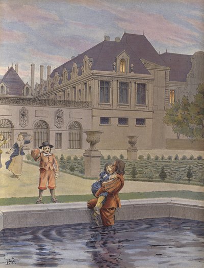 Caída del joven Luis XIV en la piscina del Palais-Royal de Maurice Leloir