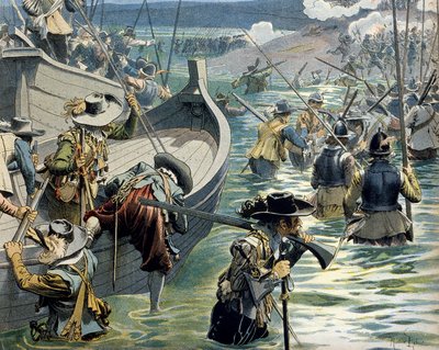 Historia de Francia: Ayuda enviada a los defensores de la isla de Ré por el Cardenal Richelieu (Armand Jean du Plessis) de Maurice Leloir