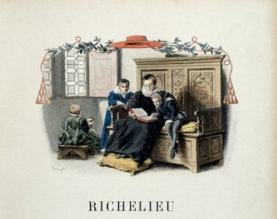 Historia de Francia: La madre de Armand Jean du Plessis, quien se convirtió en Cardenal Richelieu (1585-1642) y luego ministro de Luis XIII, guía sus primeras lecturas. Ilustración de Maurice Leloir (1853-1940) en “Richelieu” de Theodore Cahu de Maurice Leloir