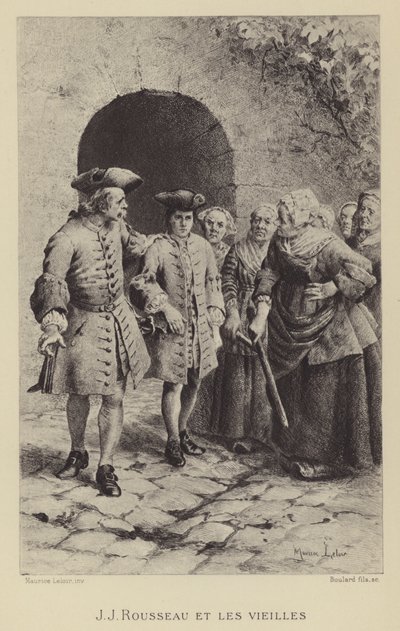 Jean-Jacques Rousseau con las ancianas (grabado) de Maurice Leloir