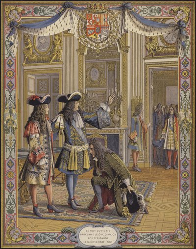 El rey Luis XIV, duque de Anjou, proclamado rey de España, recibiendo el homenaje de su embajador de Maurice Leloir