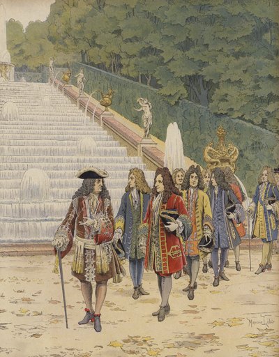 El rey Luis XIV y Samuel Bernard en Marly, visita a los jardines de Maurice Leloir