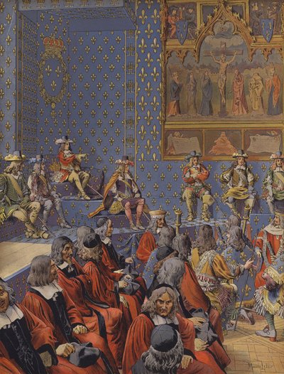 El Rey Luis XIV sentado con botas en el Parlamento de Maurice Leloir
