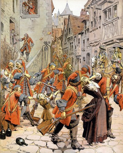 Les Dragonnades (1681-1685): dispersión de una familia protestante por las tropas de dragones encargadas de convertir a los protestantes. Cromotipografía en "Le Roy Soleil" (Luis XIV) por Gustave Toutwelve, Ilustración de Maurice Leloir (1853-1940) de Maurice Leloir