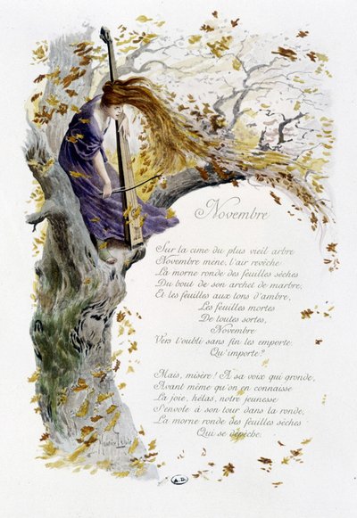Noviembre "La Chanson du mois" por Jérôme Doucet, ilustración - Maurice Leloir, ed. Reims 1904. L. Michaud de Maurice Leloir