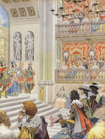 Representación en el teatro del Palais Cardinal de Mirame, la obra escrita por Richelieu y Desmarets de Maurice Leloir