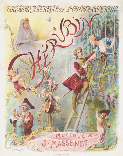 Cartel de estreno de la ópera Chérubin de Jules Massenet de Maurice Leloir