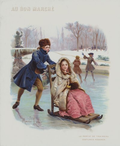 Empujando un trineo sobre hielo, trajes del período de la Regencia Francesa (1715-1723) de Maurice Leloir