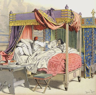 Richelieu y el Rey Luis XIII en camas adyacentes en el momento de la conspiración de Cinq-Mars de Maurice Leloir