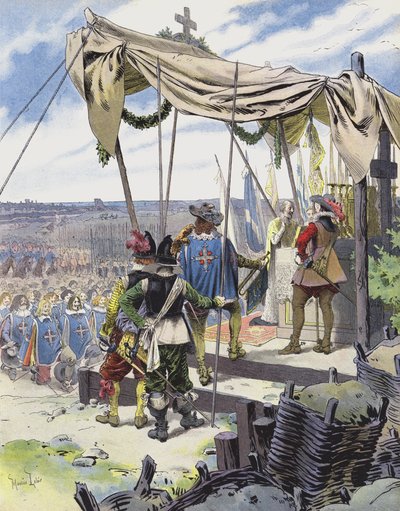 Richelieu celebra misa en el campamento de La Rochelle de Maurice Leloir