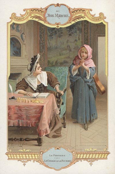 Escena de la fábula de Jean de la Fontaine La Cigarra y la Hormiga (La Hormiga y la Cigarra) de Maurice Leloir
