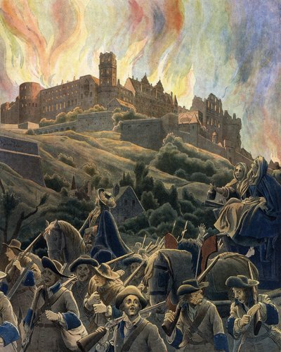 El incendio del castillo de Heidelberg bombardeado por las fuerzas francesas del General Ezechiel du Mas, Conde de Melac (1630-1704) durante la Guerra de la Liga de Augsburgo en 1689 y 1693. Cromotipografía en “Le Roy Soleil” (Luis XIV) por Gustave Toutwel de Maurice Leloir