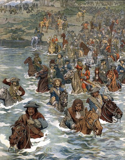 El Paso del Rin (12 de junio de 1672) por las tropas de Luis XIV conocido como el Rey Sol de Maurice Leloir