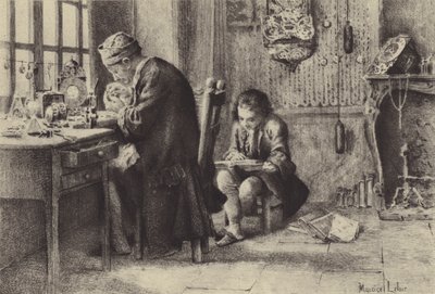 El joven Jean-Jacques Rousseau leyendo mientras su padre trabaja de Maurice Leloir