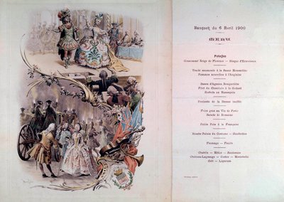 Menú de boda con ilustración de Maurice Leloir (1851-1940) de bailes en disfraces y escenas galantes, 6/04/1900 de Maurice Leloir