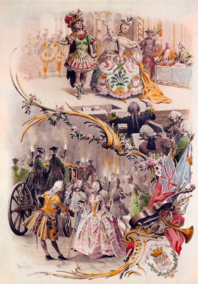 Menú de boda con ilustración de Maurice Leloir (1851-1940) de bailes en disfraces y escenas galantes, 6/04/1900 de Maurice Leloir