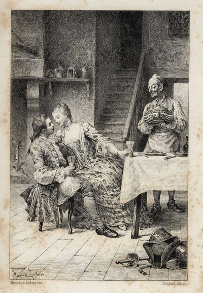 En “Historia de Manon Lescaut y del caballero Des Grieux” por el abate Prévost (1697-1763), escritor francés. Grabado según dibujos de Maurice Leloir (1885) de Maurice Leloir