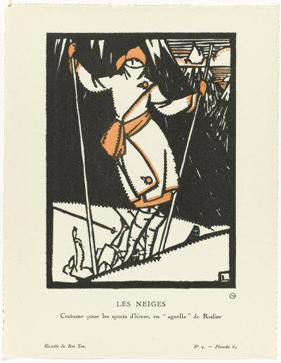 Gazette du Bon Ton, 1920 - No. 9, Pl. 65: Les Neiges / Traje para deportes de invierno, enagnella de Rodier de Maurice Leroy