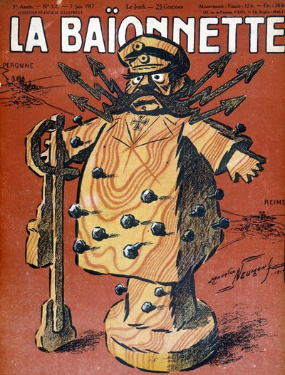 Caricatura de Hindenburg (1847 - 1934), mariscal y estadista alemán. Ilustración de la portada del periódico "La Baionnette" de junio de 1917 de Maurice Louis Henri Neumont