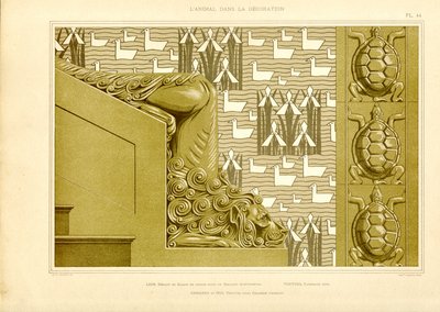 Decoración arquitectónica con cabeza de león, patos y tortugas (litografía) de Maurice Pillard Verneuil