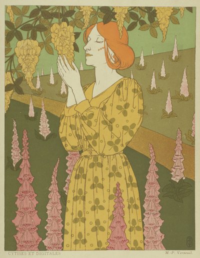 Cytises y Digitales - Mujer con glicinas y dedaleras (litografía en color) de Maurice Pillard Verneuil