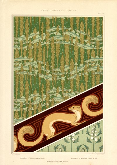 Motivos decorativos Art Nouveau con peces, armiño y lirio de los valles (litografía) de Maurice Pillard Verneuil