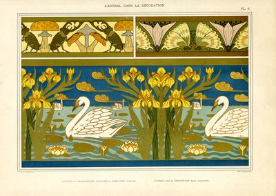 Bordes decorativos con cisnes, insectos e iris (litografía) de Maurice Pillard Verneuil