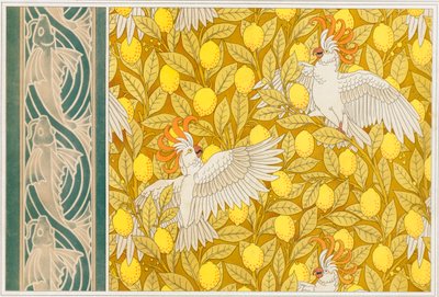 Diseño para papel tapiz de cacatúas con limones y borde de papel tapiz con peces voladores, pub. 1897 de Maurice Pillard Verneuil